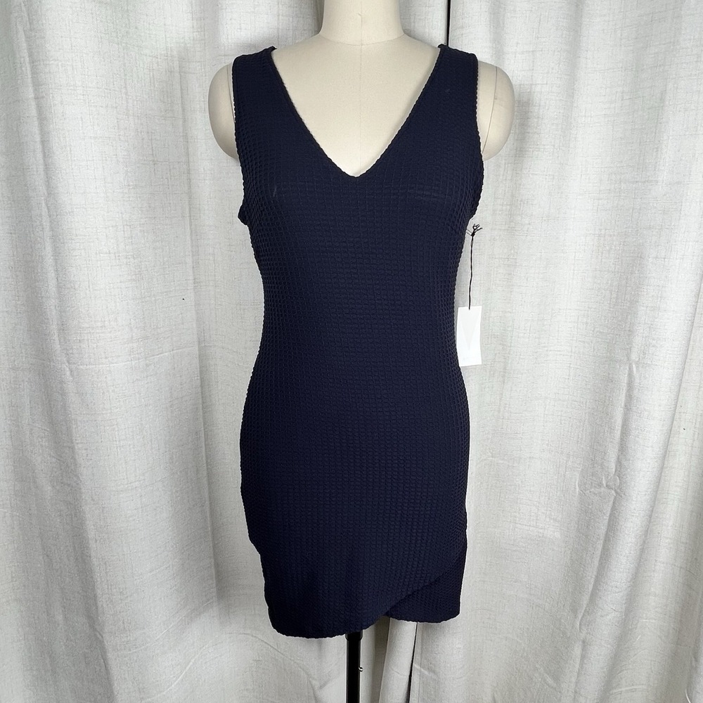 NEW! ASTR the Label Pique Knit BodyCon Dress Large Navy Blue Sleeveless Mini